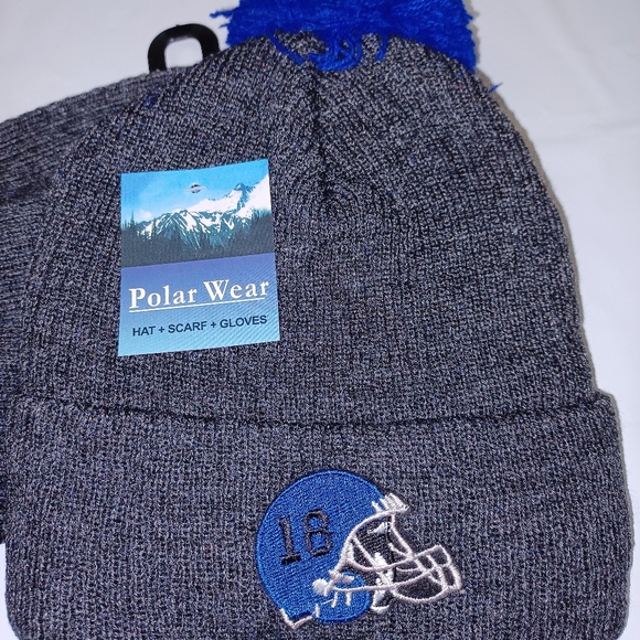 Boys Knit Hat, Scarf And Gloves Set With Patches- Blue/Charcoal One Size, New - Picture 4 of 5